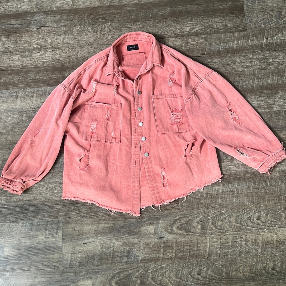 Distressed pink Vici denim large jacket